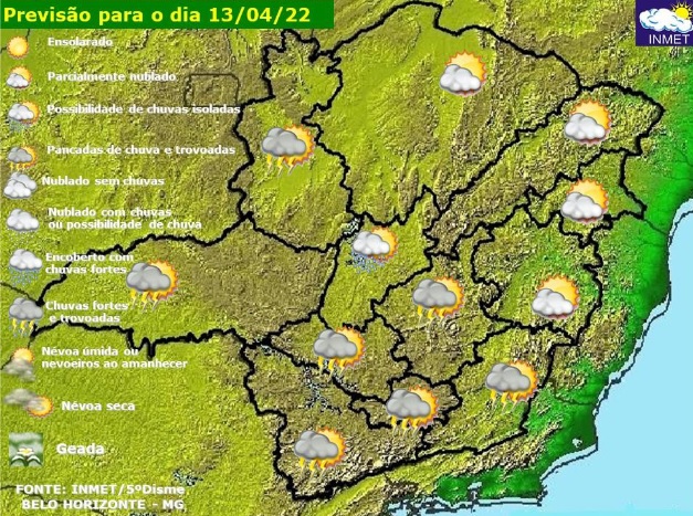 Previsão do tempo para Minas Gerais nesta quarta-feira, 13 de abril