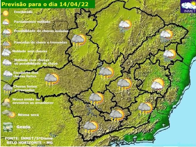 Previsão do tempo para Minas Gerais nesta sexta-feira, 15 de abril