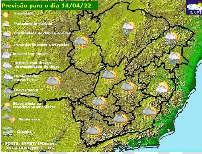 Previsão do tempo para Minas Gerais nesta quinta-feira, 14 de abril