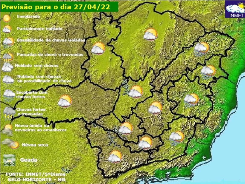 Previsão do tempo para Minas Gerais nesta quarta-feira, 27 de abril