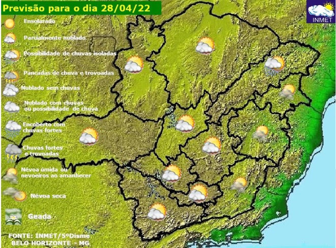 Previsão do tempo para Minas Gerais nesta quinta-feira, 28 de abril