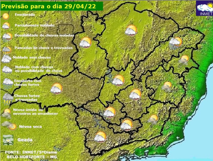 Previsão do tempo para Minas Gerais nesta sexta-feira, 29 de abril