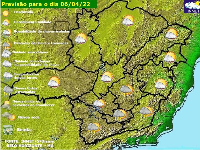 Previsão do tempo para Minas Gerais nesta quarta-feira, 6 de abril