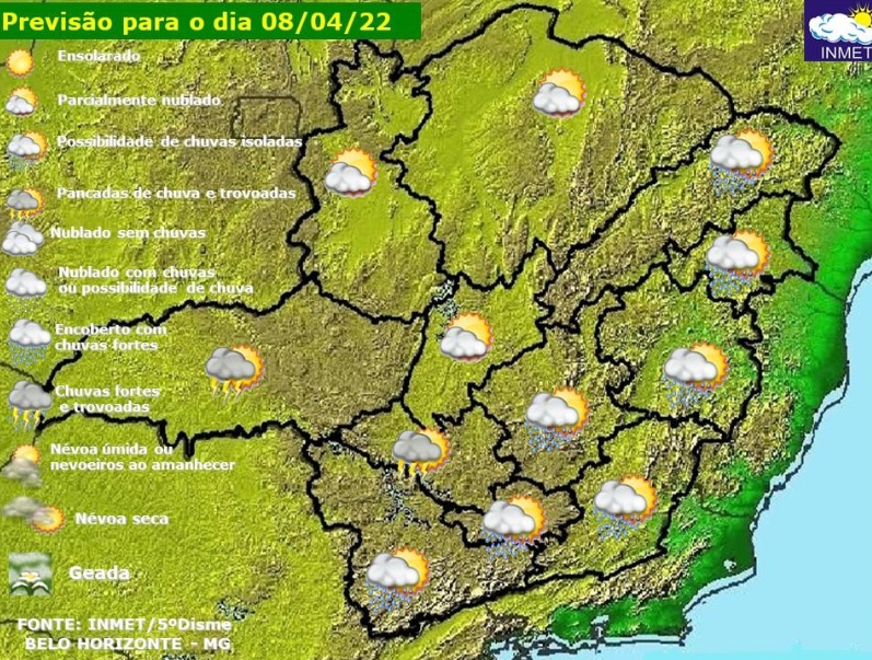 Previsão do tempo para Minas Gerais nesta sexta-feira, 8 de abril