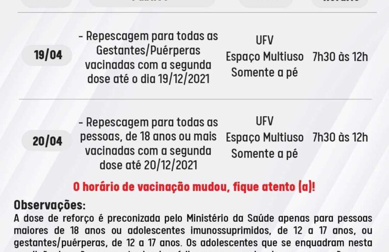 Prefeitura de Viçosa divulga o cronograma de terceira e quarta dose contra a Covid-19