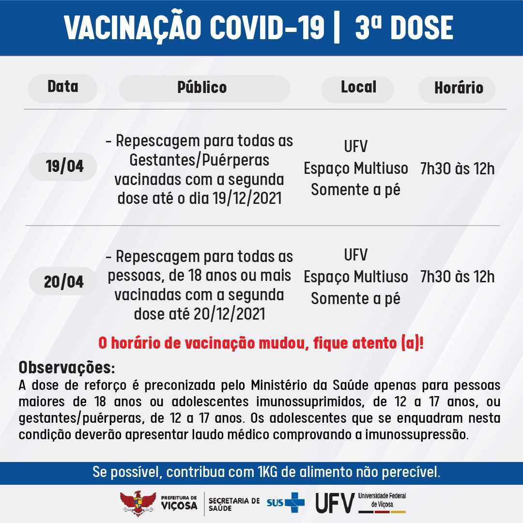 Prefeitura de Viçosa divulga o cronograma de terceira e quarta dose contra a Covid-19