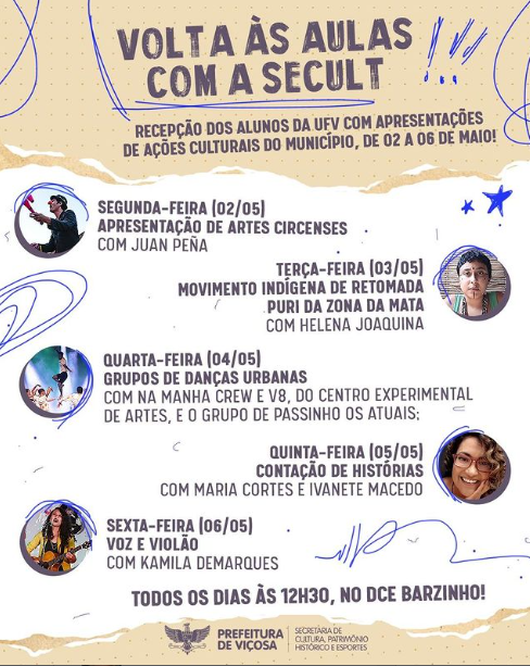 Viçosa: Secretaria de Cultura divulga programação de apresentações culturais de volta às aulas