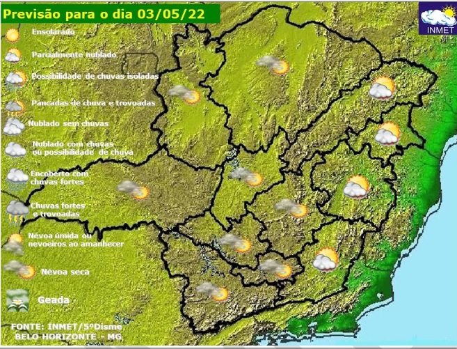 Previsão do tempo para Minas Gerais nesta terça-feira, 3 de maio