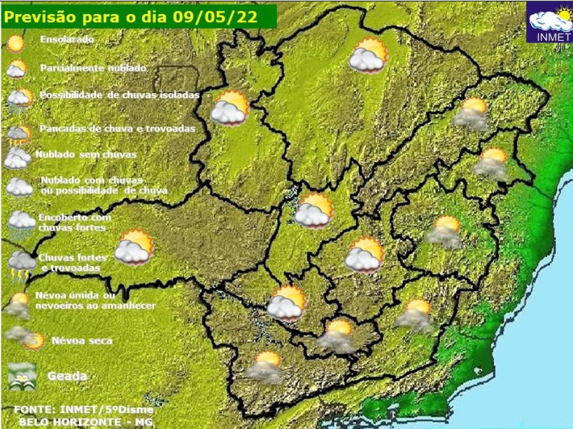 Previsão do tempo para Minas Gerais nesta segunda-feira, 9 de maio