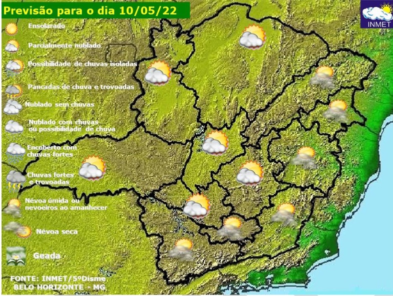 Previsão do tempo para Minas Gerais nesta terça-feira, 10 de maio
