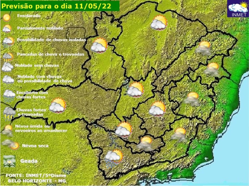 Previsão do tempo para Minas Gerais nesta quarta-feira, 11 de maio
