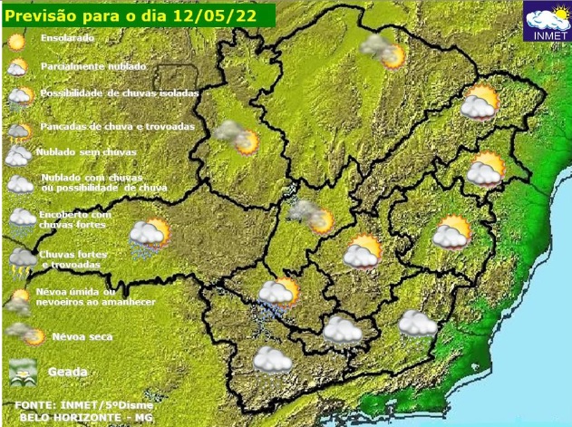 Previsão do tempo para Minas Gerais nesta quinta-feira, 12 de maio