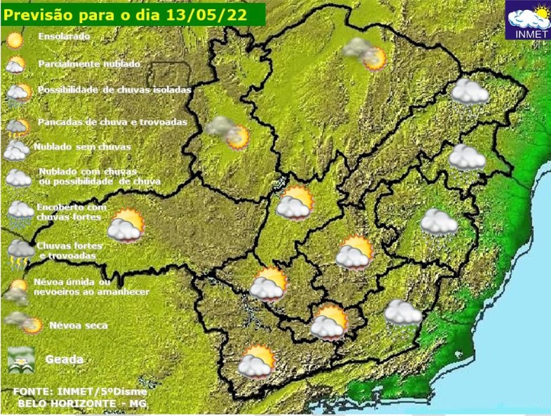 Previsão do tempo para Minas Gerais nesta sexta-feira, 13 de maio