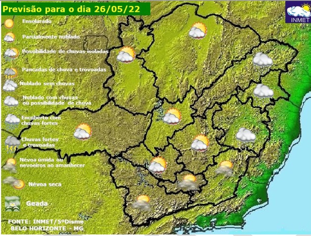 Previsão do tempo para Minas Gerais nesta quinta-feira, 26 de maio