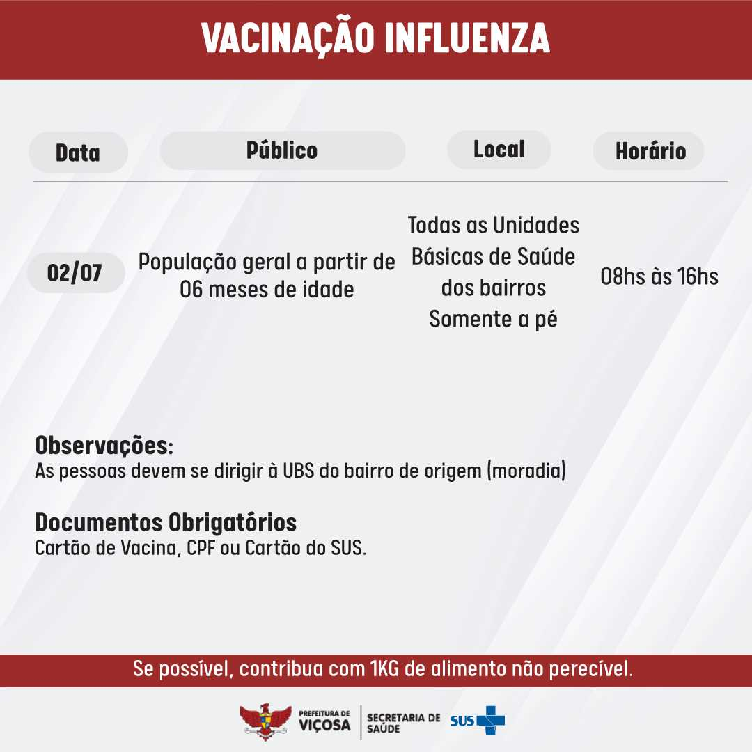 Prefeitura de Viçosa divulga imunização contra Influenza para sábado (02)