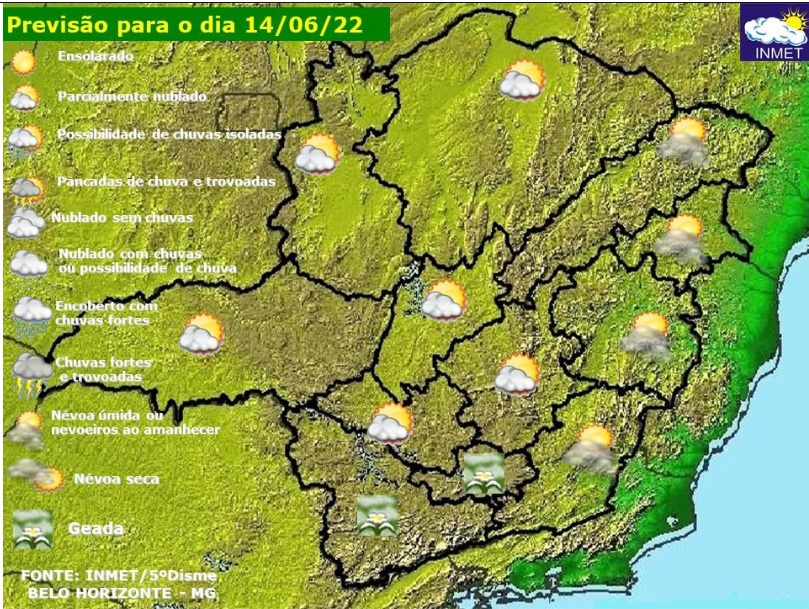 Previsão do tempo para Minas Gerais nesta terça-feira, 14 de junho