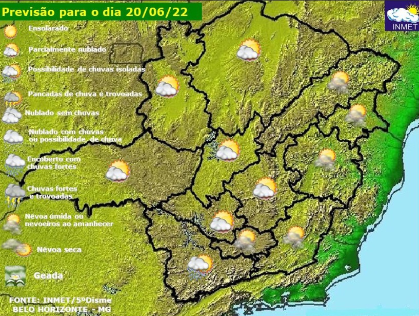 Previsão do tempo para Minas Gerais nesta segunda-feira, 20 de junho
