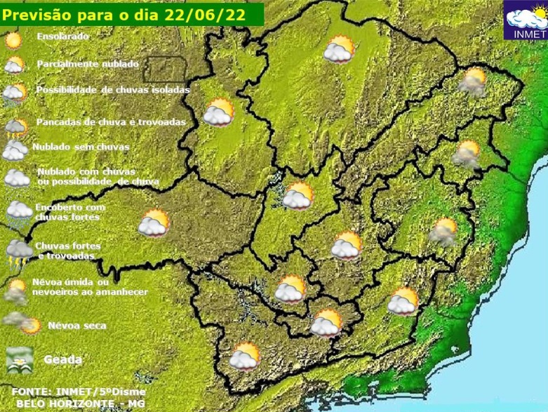 Previsão do tempo para Minas Gerais nesta quarta-feira, 22 de junho
