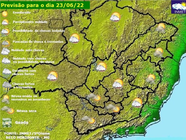 Previsão do tempo para Minas Gerais nesta quinta-feira, 23 de junho