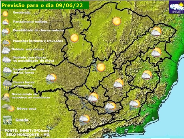 Previsão do tempo para Minas Gerais nesta quinta-feira, 9 de junho