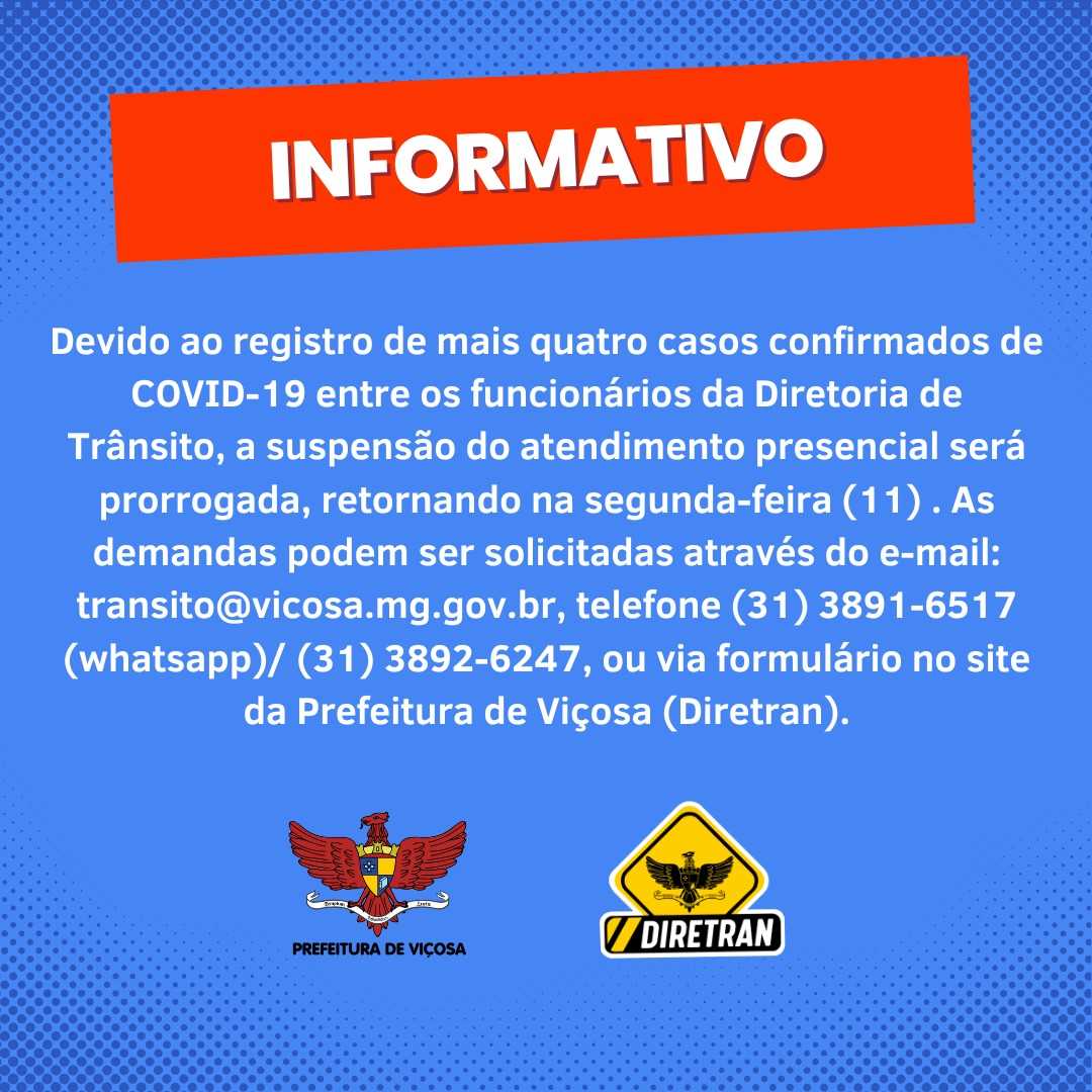 Viçosa: mais casos de Covid são confirmados e Diretran prorroga suspensão de atendimento presencial