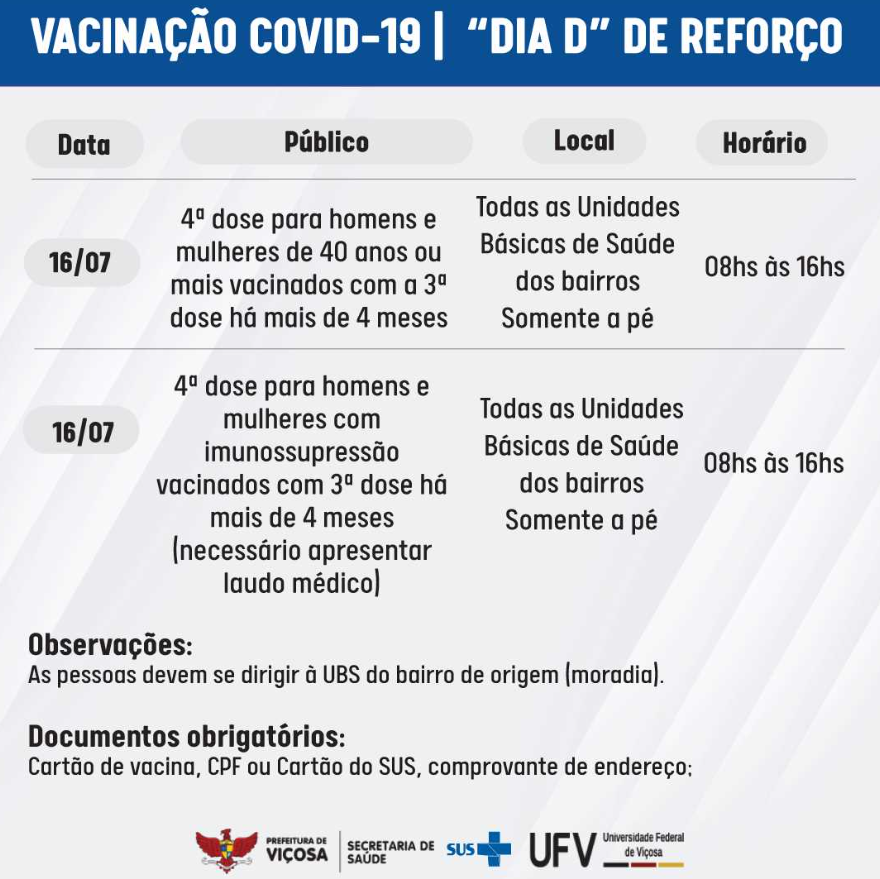 Prefeitura de Viçosa divulga vacinação contra Covid neste sábado (16)