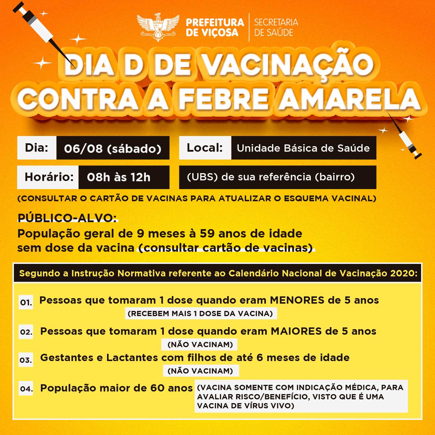 Viçosa faz ‘Dia D’ de vacinação contra Febre Amarela no próximo sábado (06)