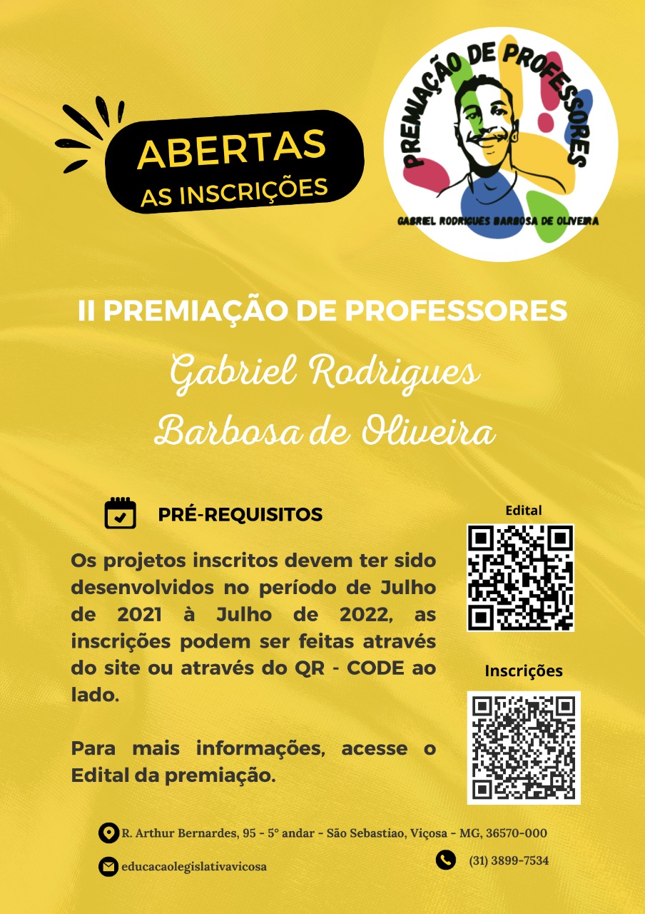 Viçosa: abertas as inscrições para a premiação de professores “Gabriel Rodrigues”