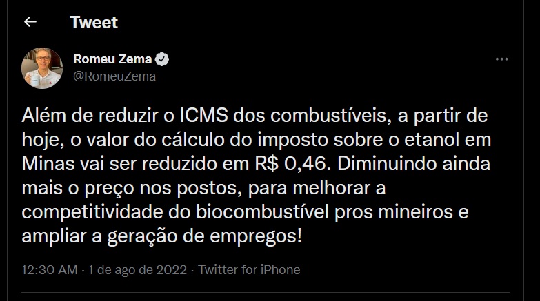 Governo de Minas anuncia nova redução no preço do etanol