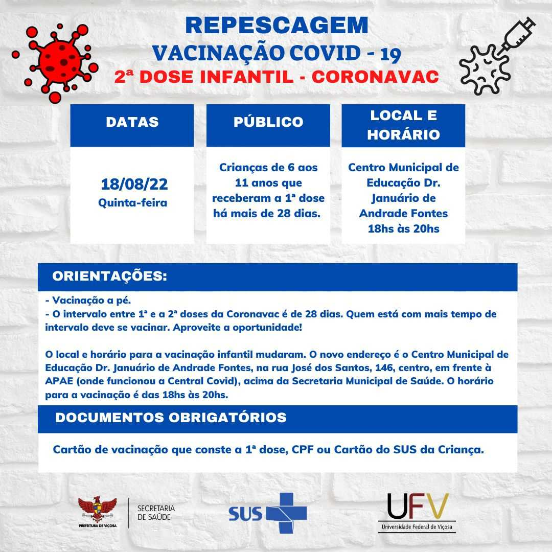 Prefeitura de Viçosa divulga calendário de repescagem da 2º dose infantil contra Covid