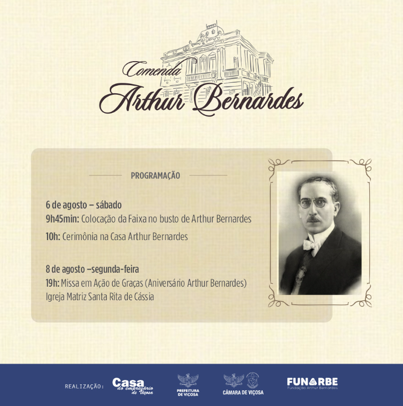 Cerimônia de entrega da Comenda Arthur Bernardes acontece nos dias 6 e 8 de agosto