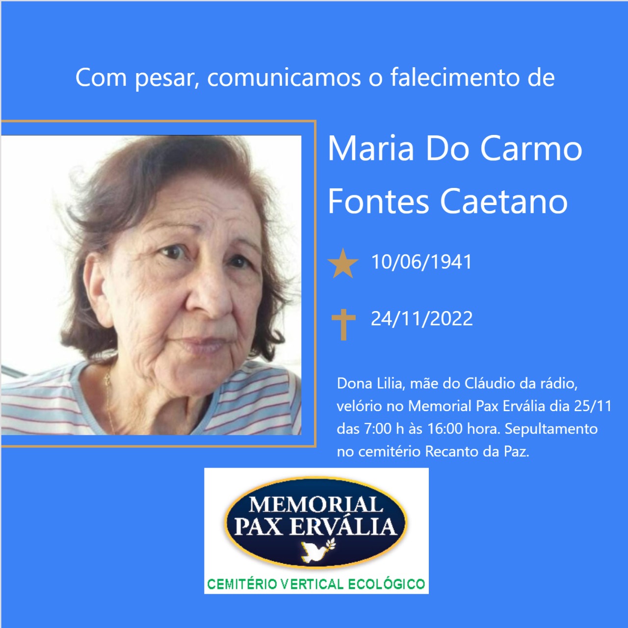 Faleceu Maria do Carmo Fontes Caetano, em Ervália
