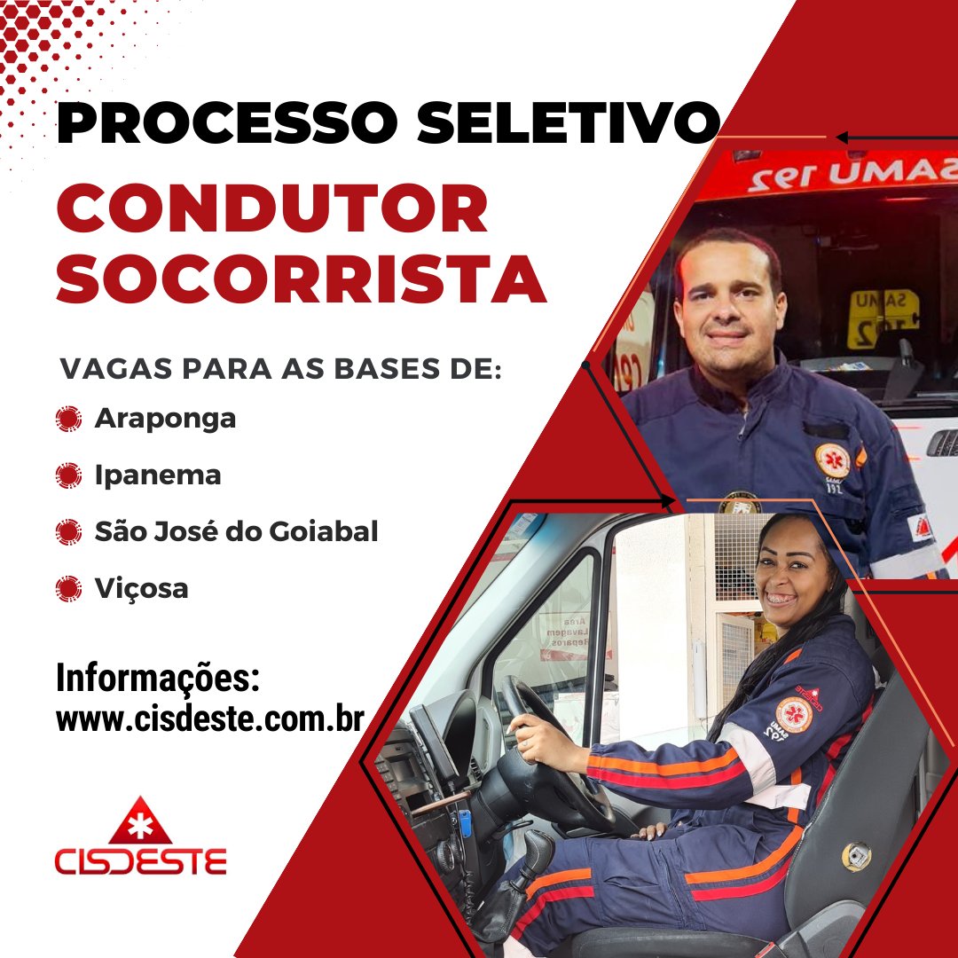 Samu abre vagas para Condutor Socorrista nas bases de Viçosa e Araponga