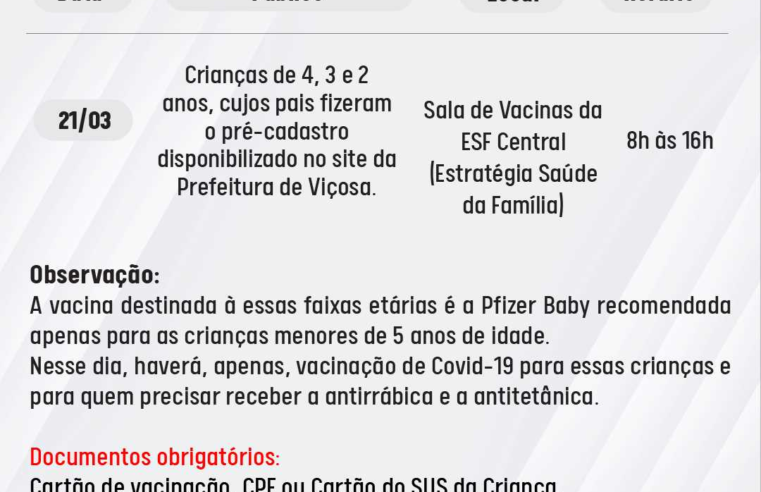 Crianças de 2 a 4 anos de idade se vacinam hoje contra Covid-19