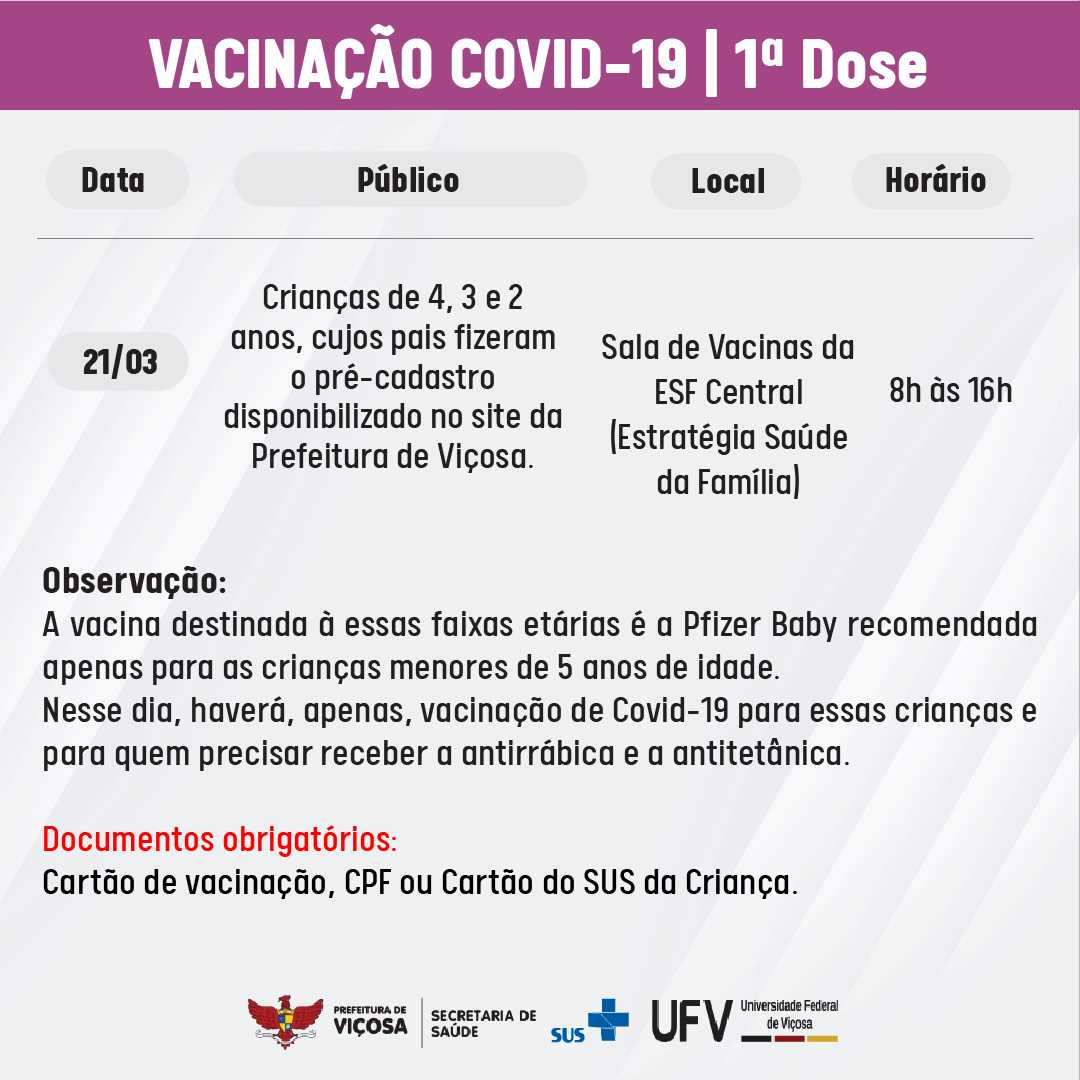Crianças de 2 a 4 anos de idade se vacinam hoje contra Covid-19