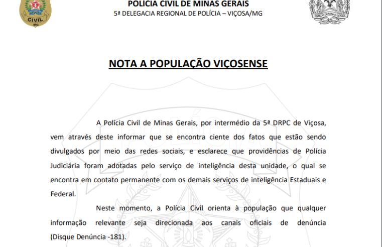 Viçosa: Polícia Civil e Prefeitura divulgam nota sobre boatos de ataques em escola; leia na íntegra