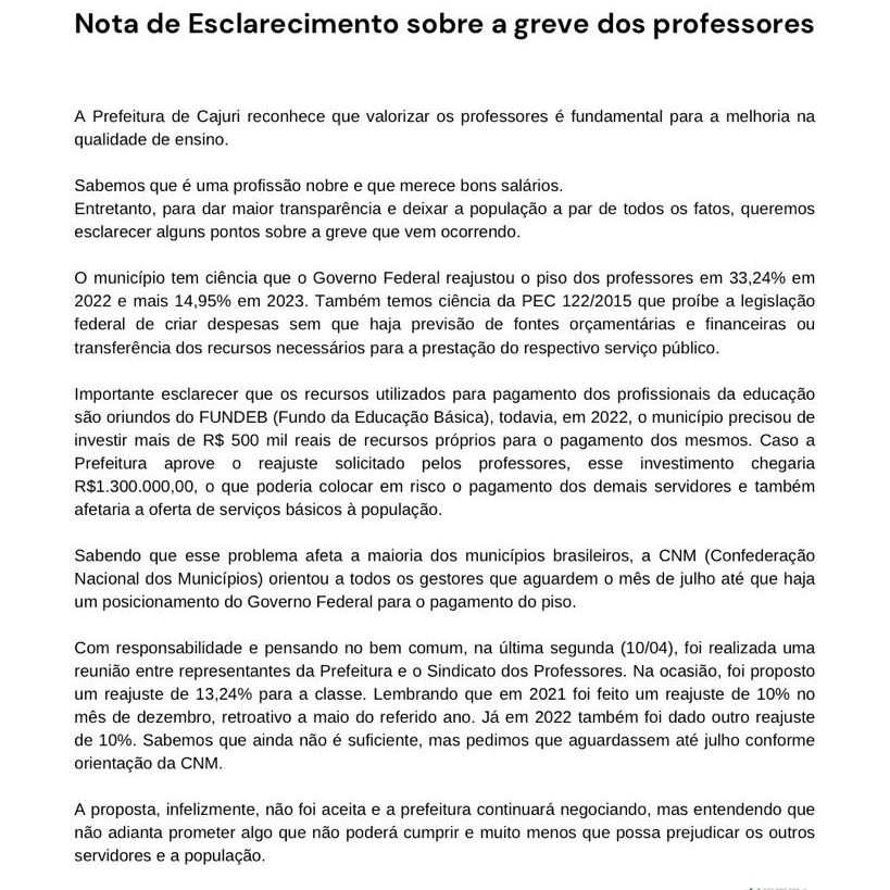 Prefeitura de Cajuri divulga Nota de Esclarecimento sobre greve dos professores