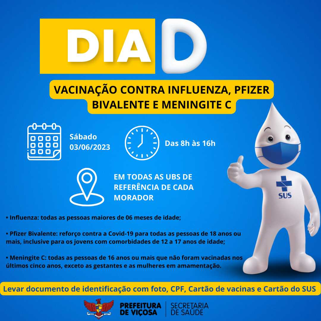 Dia D: Sábado (3) terá vacinação contra Covid-19, meningite e gripe em Viçosa