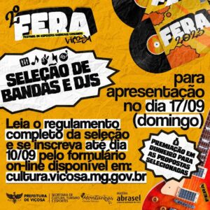 Cartaz de divulgação de seleção de bandas produzido pela Secult, com todas as informações contidas no texto corrido (data, regulamente, etc).