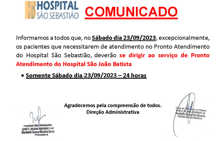 Hospital São Sebastião ficará sem plantão 24h nesse sábado (23)