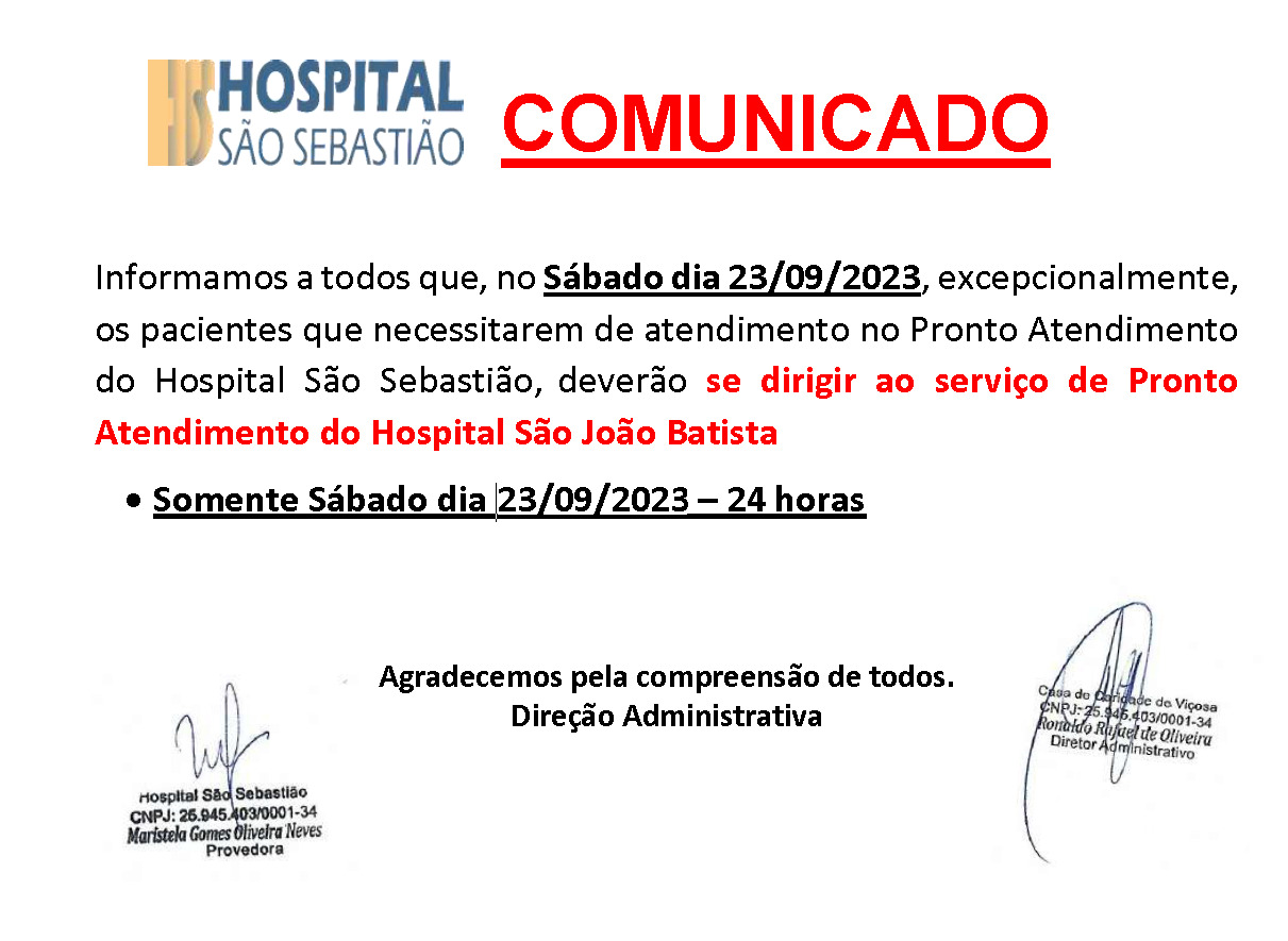 Hospital São Sebastião ficará sem plantão 24h nesse sábado (23)