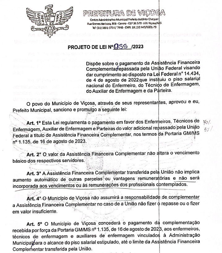 Piso salarial da enfermagem é aprovado em Viçosa