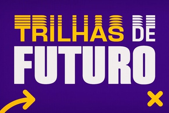 Trilhas de Futuro Credenciamento: Arte de divulgação. Fundo roxo, palavra "Trilhas" em amarelo com efeito e palavra de futuro em branco.