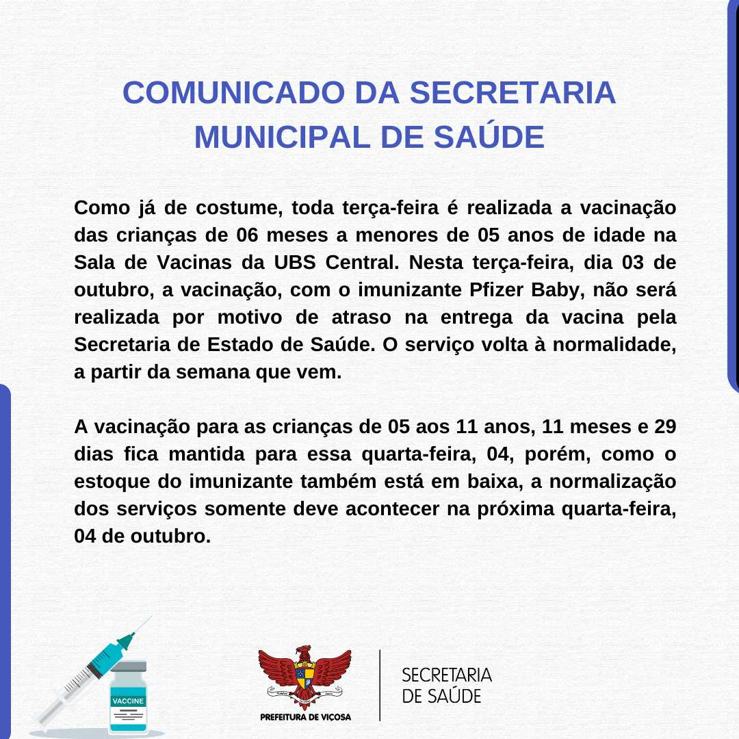 Secretaria de Saúde informa: vacinação da Pfizer Baby está suspensa hoje, 03