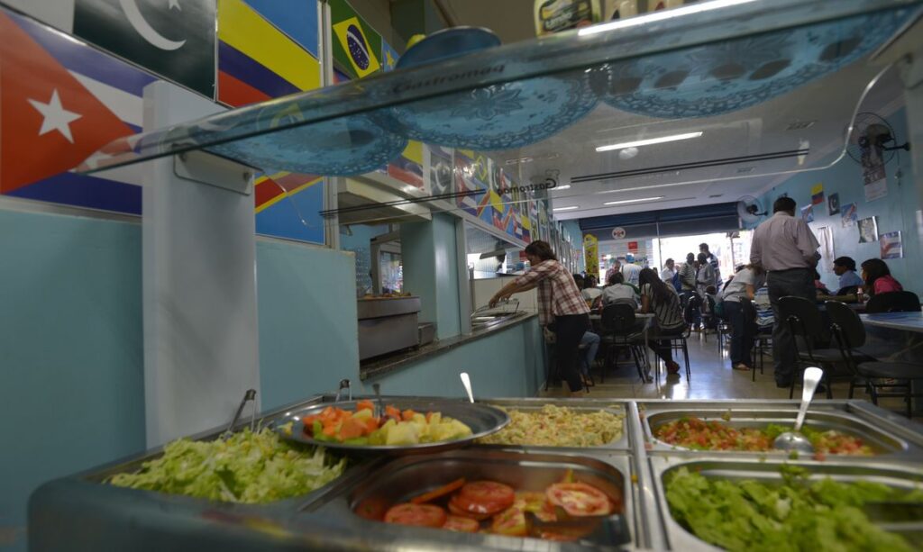 Bares e restaurantes em prejuízo: imagem de balcão de self service de um restaurante popular com bandeiras de países na parede de fundo