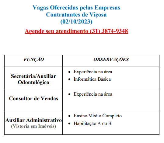 Sine Viçosa: Tabela com cargos e requisitos