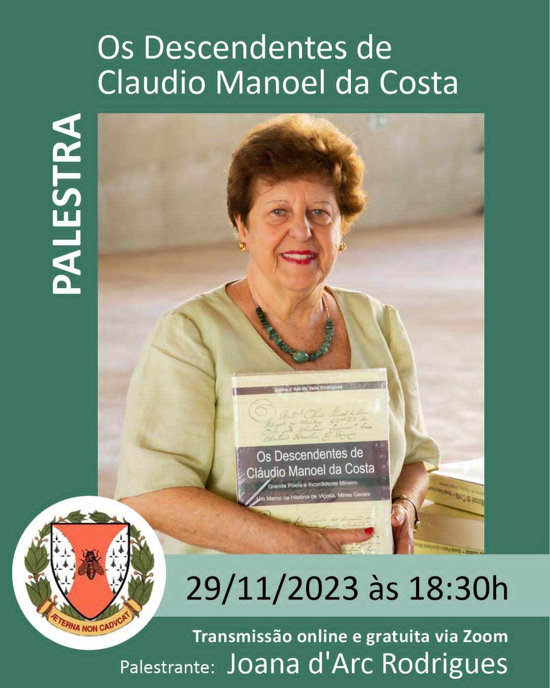 Joana d’Arc palestra sobre “Os Descendentes de Claudio Manoel da Costa” em evento gratuito