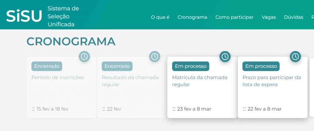 Sisu cronograma de etapas
Período de inscrições: 15 de fev a 18 de fev
Resultado da chamada regular: 22 de fevereiro
Matrícula da chamada regular: 23 de fev a 8 de março
Prazo para participar da lista de espera: 22 de fev a 8 de mar