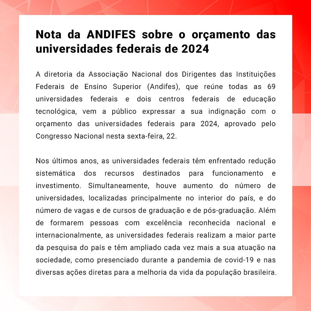 Universidades expressam indignação quanto ao orçamento de 2024 em nota pública