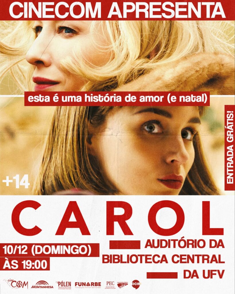 Cinecom exibe “Carol”

Duas mulheres de perfil em quadro diferente retangulares na horizontal. Textos em vermelho e branco com as informações do texto corrido, realização e apoios.